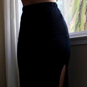 Black, high wasted, maxi skirt with slit